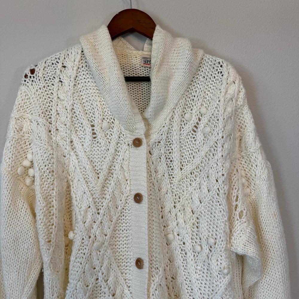 Vtg Fisherman Cardigan XL Cream Ramie Cotton Chunky Cable Knit Bobble Sweater - Picture 4 of 11
